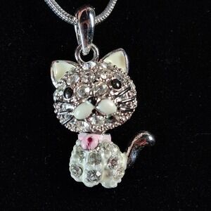 Vintage Articulated Cat Pendant Necklace Rhinestone Enamel Moveable Body Silver